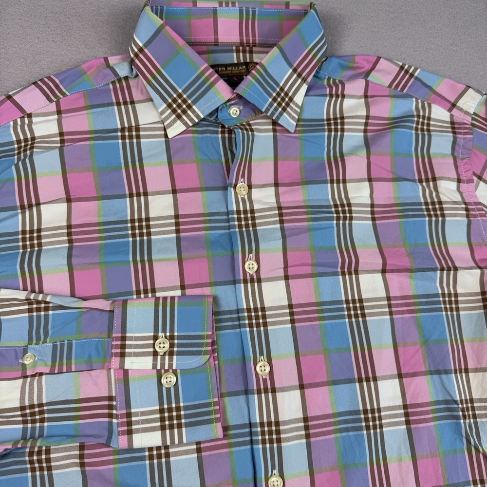 Peter Millar Summer Comfort Button Dress Shirt Men L Plaid LS Performance Nylon